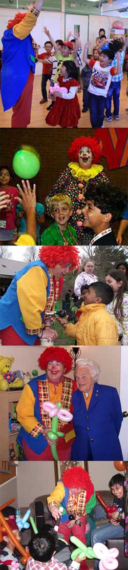 Photos of Rosie the Clown entertaining kids with magic, balloons, games and action songs.